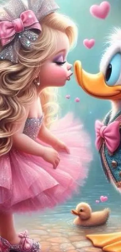 Cute cartoon girl and duck sharing a kiss with hearts.