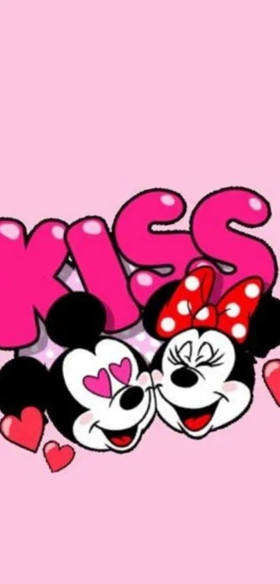 Cute cartoon kiss on pink wallpaper with hearts.