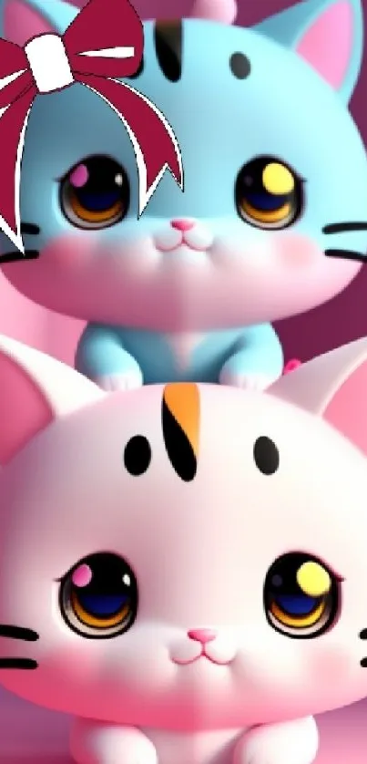 Two cute cartoon kittens with a pink background and a bow accent.