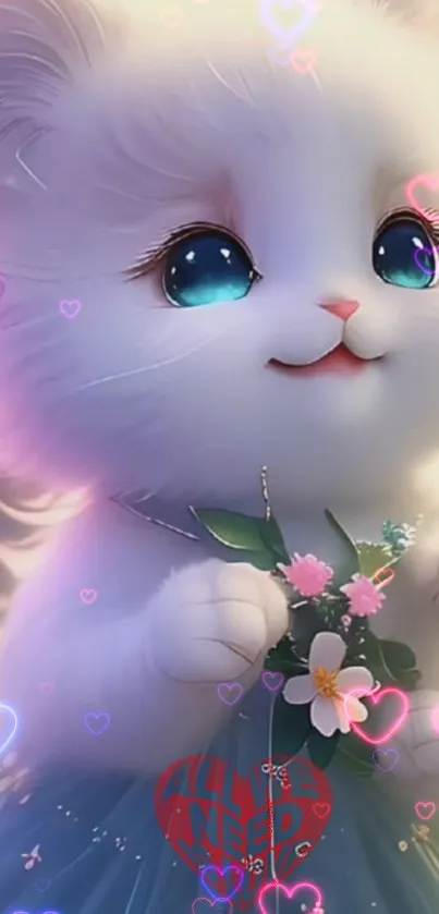 Cute cartoon kitten holding flowers with colorful hearts.