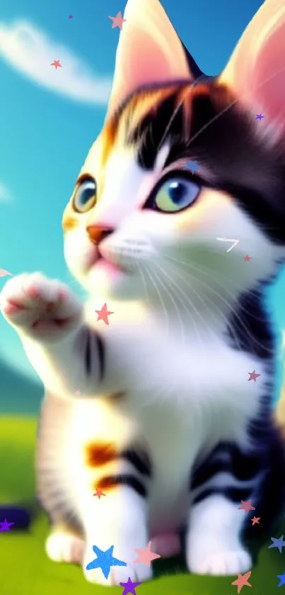 Cute cartoon kitten with colorful star background.