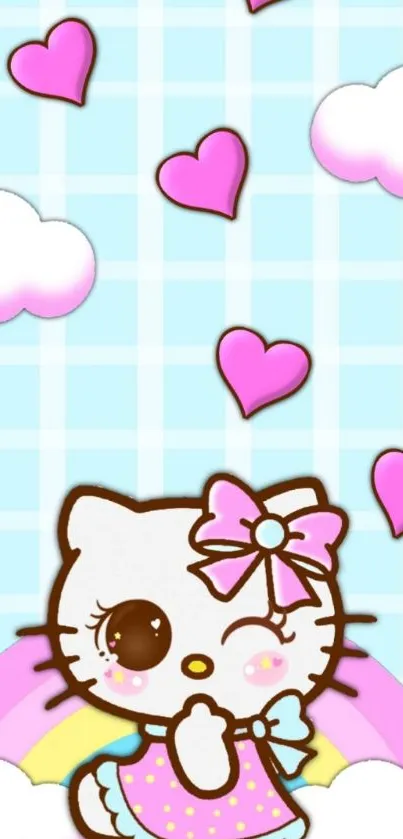 Cute cartoon kitty with pink hearts and clouds.