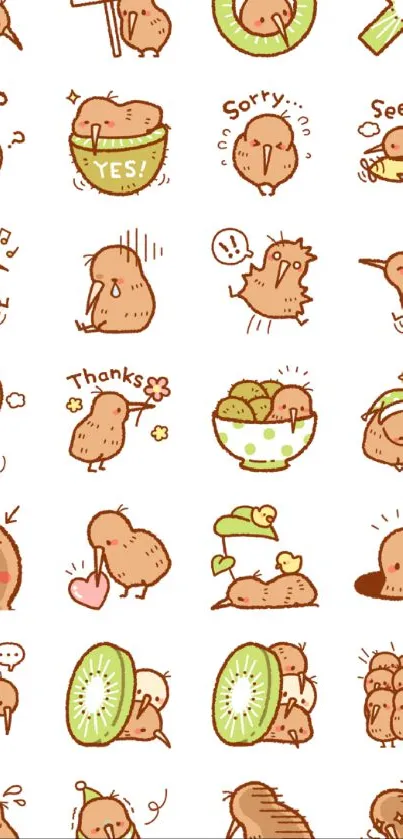 Mobile wallpaper with cute cartoon kiwis in playful poses.