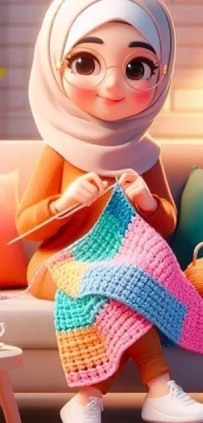 Charming cartoon character knitting a colorful blanket on a cozy sofa.