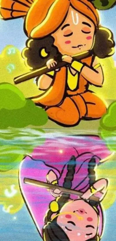 Cartoon Krishna with peaceful reflection.