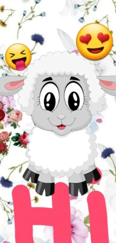 Cute cartoon lamb with flowers and emojis on a white background.