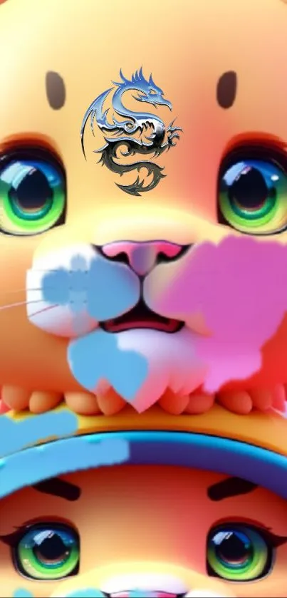 Cute cartoon lion with green eyes on a colorful phone wallpaper.