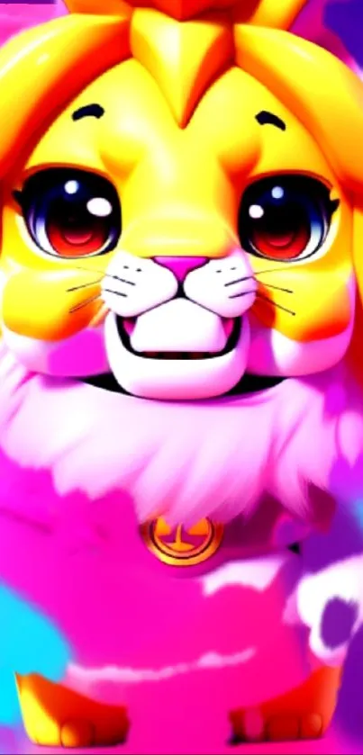 Cute cartoon lion with pink and yellow colors in a vibrant background.