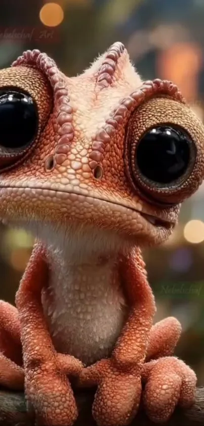Charming cartoon lizard with big eyes on a colorful background.