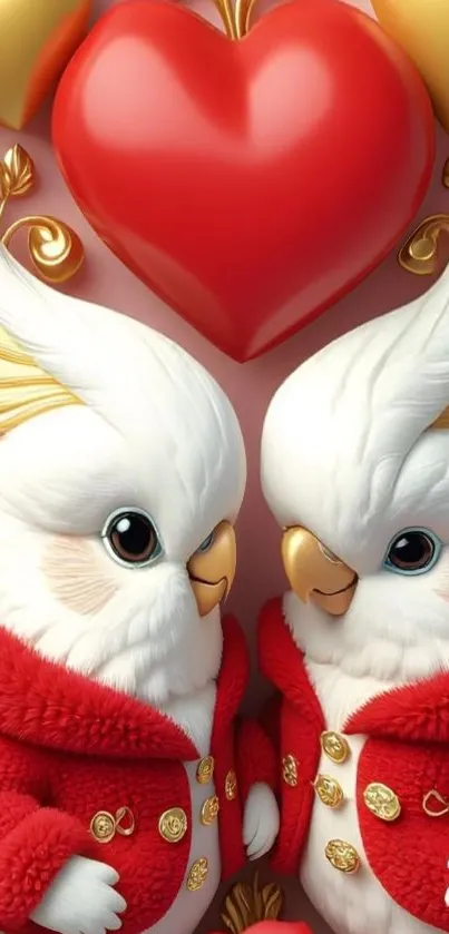 Adorable cartoon birds in red coats with heart background.