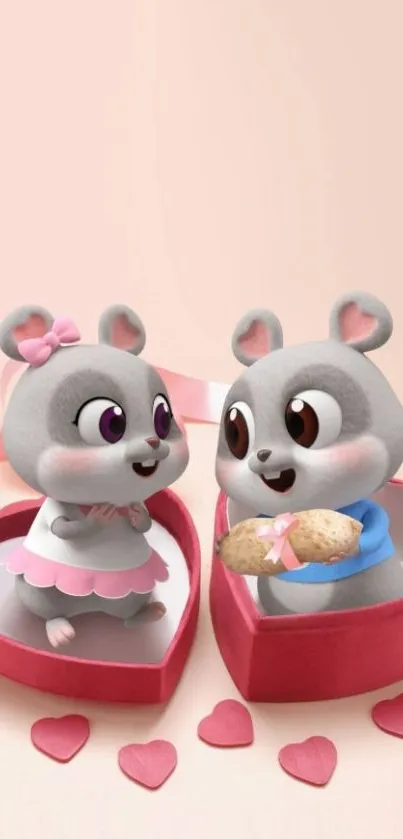 Two cute cartoon mice in heart boxes with pink hearts.