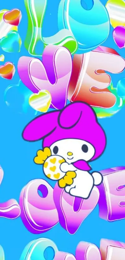 Colorful cartoon love wallpaper with a cute pink character.