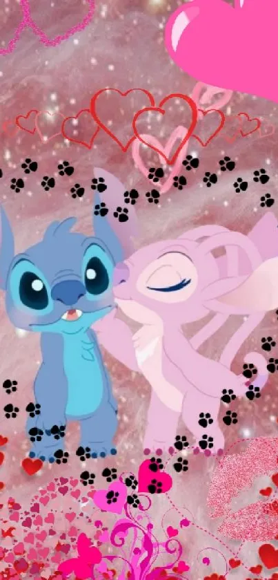 Cute blue and pink cartoon characters with hearts background.