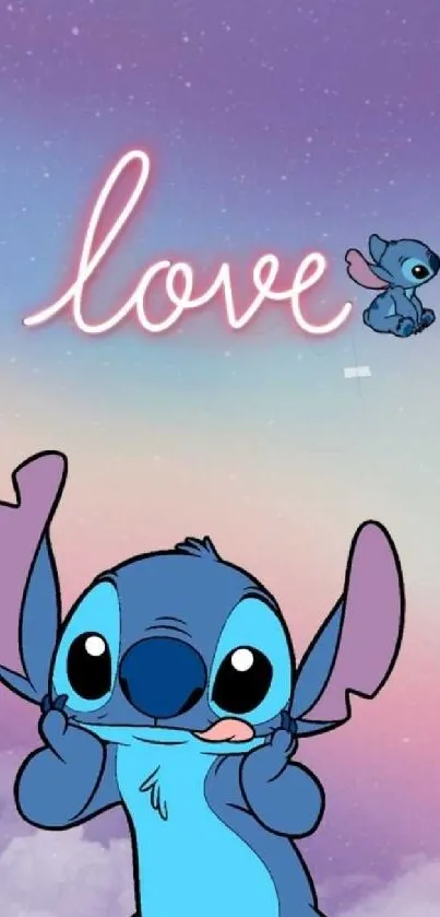 Cute cartoon love wallpaper with blue characters on a pastel background.