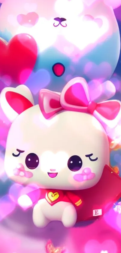 Cute cartoon bunny with hearts and pink light effects for mobile wallpaper.