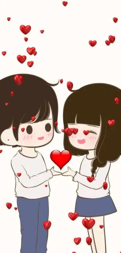 Cartoon couple holding a heart with red floating hearts.