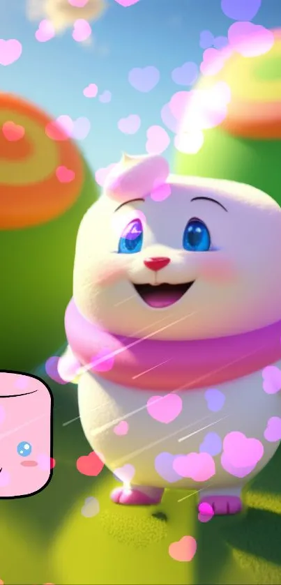 Cute cartoon character with heart bokeh effect and colorful background.