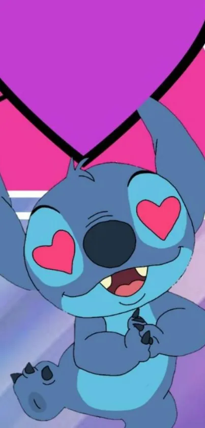 Cute cartoon character with heart eyes and a purple heart background.