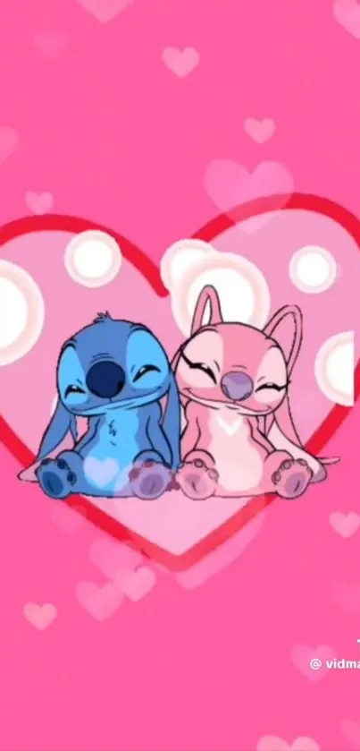 Cartoon animals in love on pink heart background.