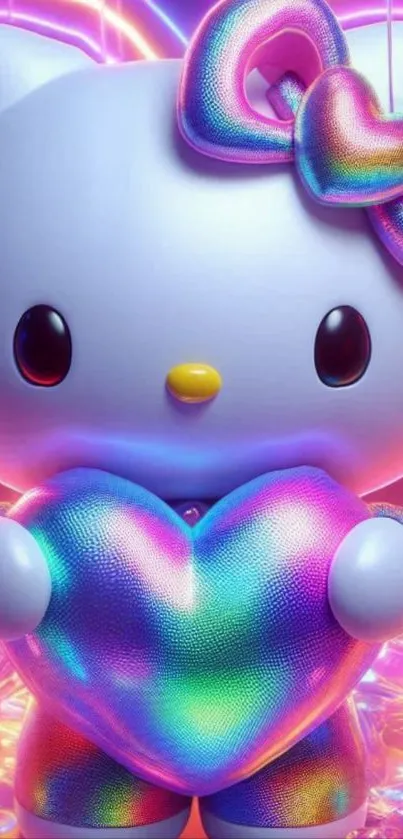 Cute cartoon character with rainbow heart and bow, vibrant mobile wallpaper.