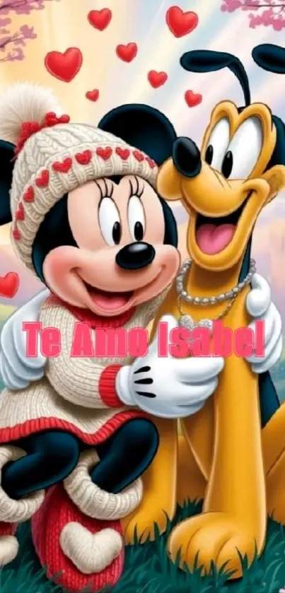 Cartoon characters with hearts in background.