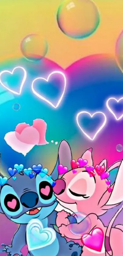 Cute cartoon characters with hearts and bubbles in a colorful wallpaper.