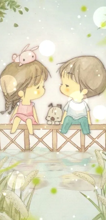 Cute cartoon couple on bridge in nature wallpaper.