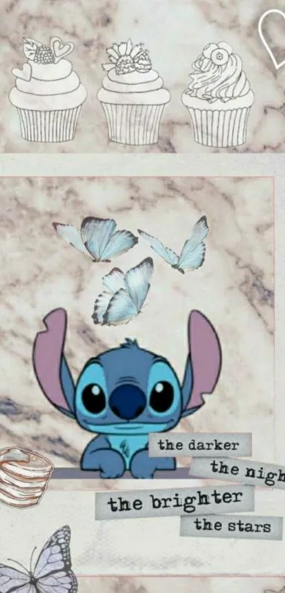 Cute cartoon and butterflies on a marble background with cupcakes.