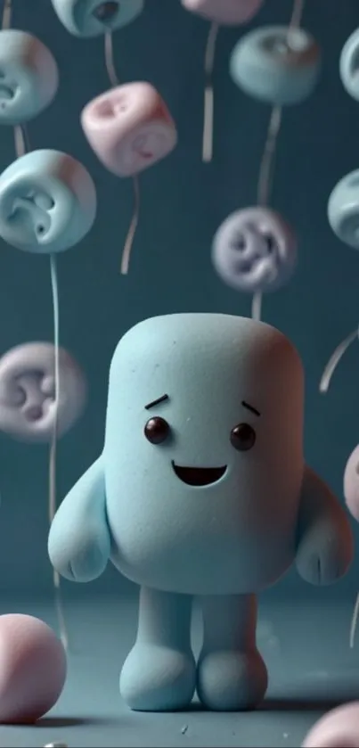 Cute cartoon marshmallow character with floating candies on blue background.