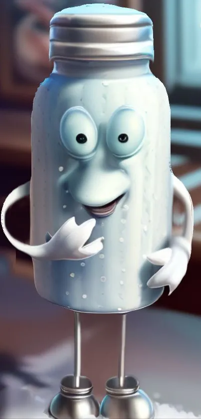 Cartoon milk bottle character with a cute animated design in light blue.