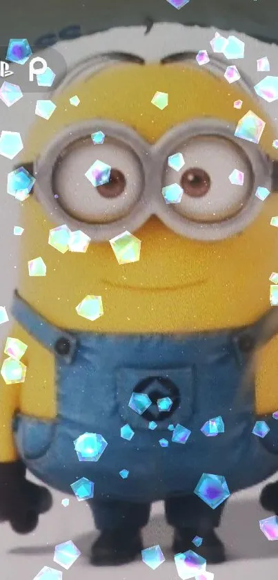 Cute cartoon minion in blue overalls on phone wallpaper.