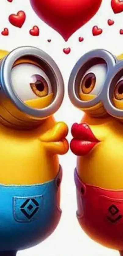 Cartoon minions kissing with red hearts.