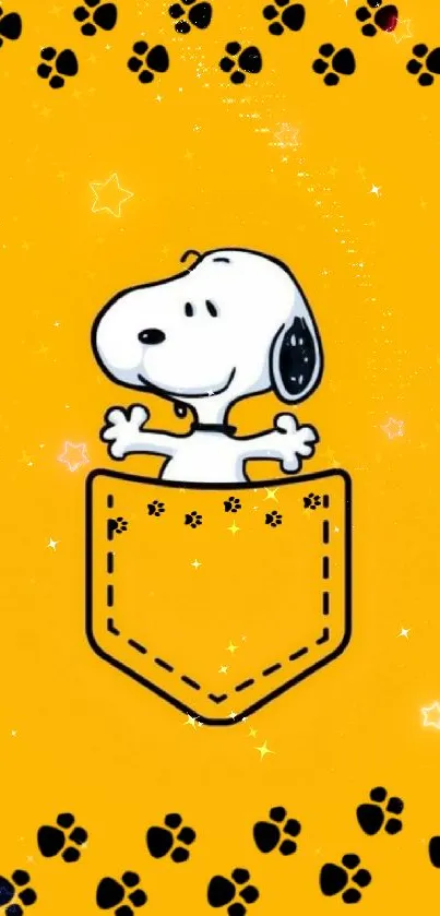 Cute cartoon character in pocket on yellow wallpaper.