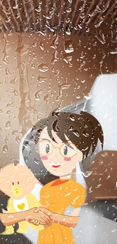 Cartoon mother holding baby with rain-dotted window effect.