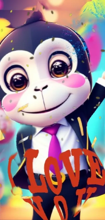 Charming cartoon monkey in a suit on a vibrant wallpaper.