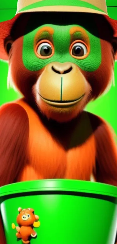 Cheerful cartoon monkey with green bucket on vibrant wallpaper.