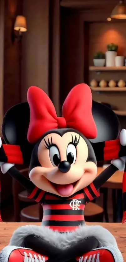 Cartoon mouse character with red and black outfit, sitting joyfully.