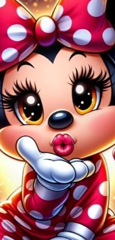 Adorable cartoon mouse with red bow and polka dots blowing a kiss.