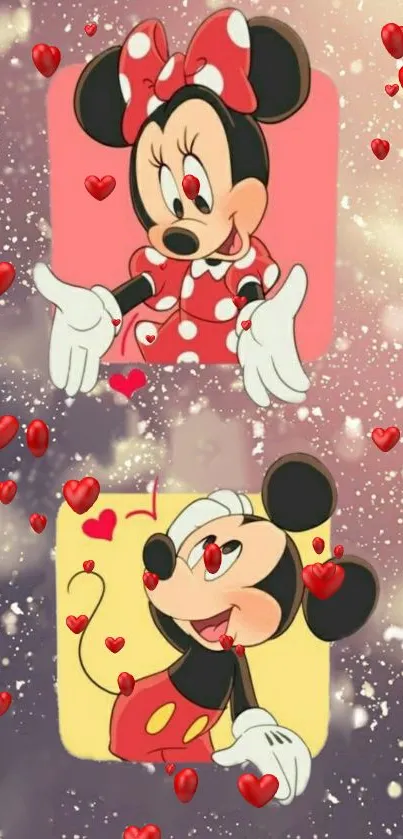 Cute cartoon mouse wallpaper with red hearts and playful designs.