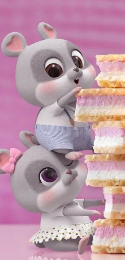 Two cartoon mice enjoy wafers on a pink background.