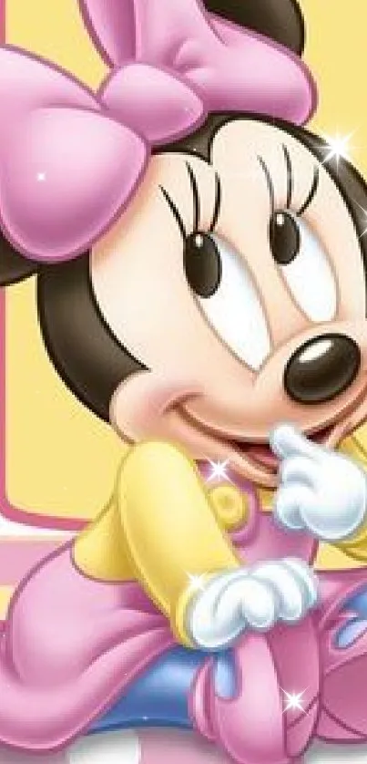 Cute cartoon mouse with pink bow on pastel background wallpaper.