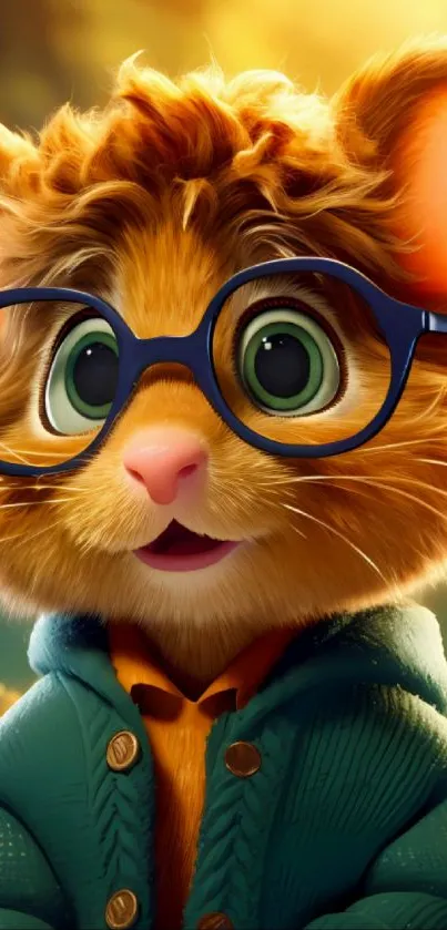 Charming cartoon mouse with glasses in a golden, vibrant setting.