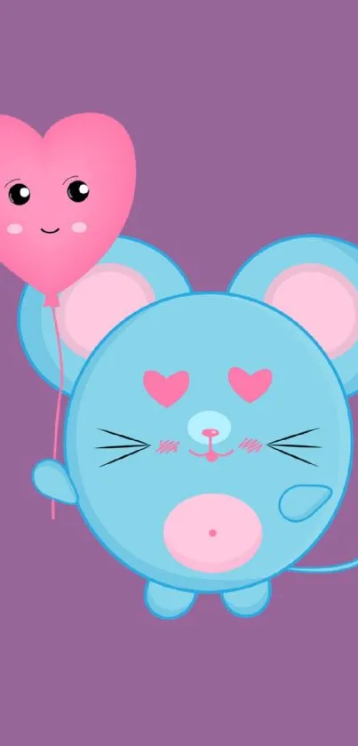 Cute blue mouse with heart balloon on purple background.