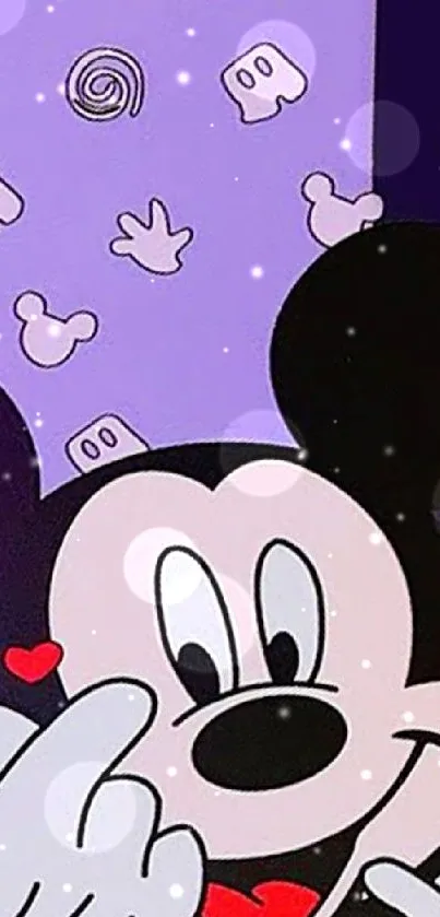 Cartoon mouse wallpaper with purple background.