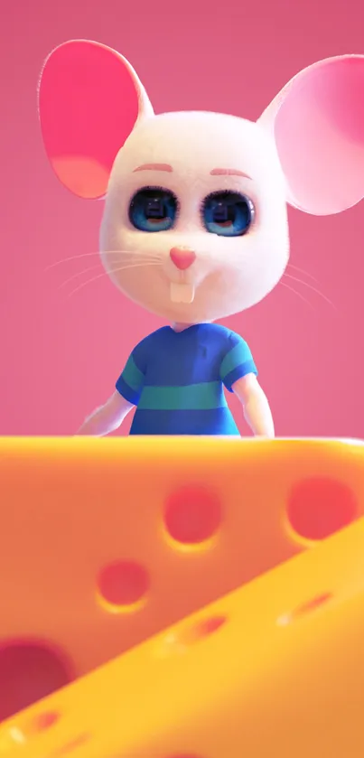 Cartoon mouse with cheese on vibrant pink background.