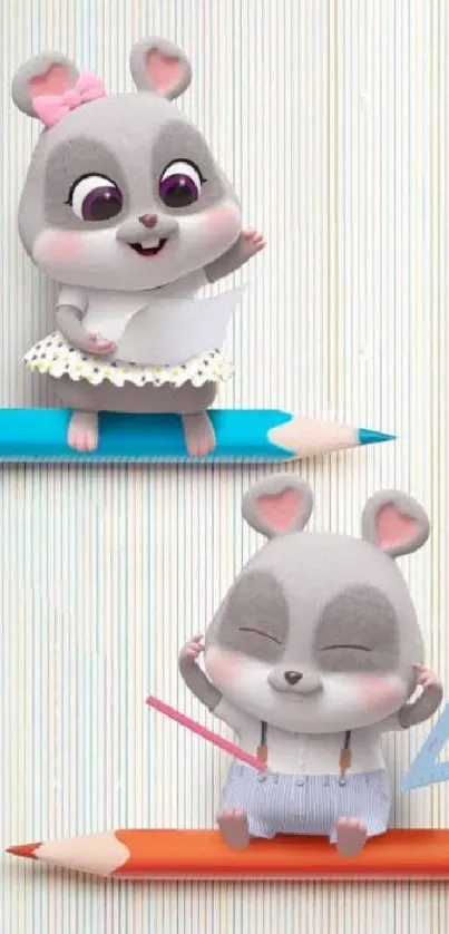 Cute cartoon mice on colored pencils wallpaper.