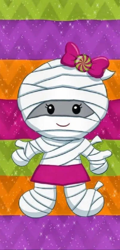 Playful cartoon mummy with colorful striped background.