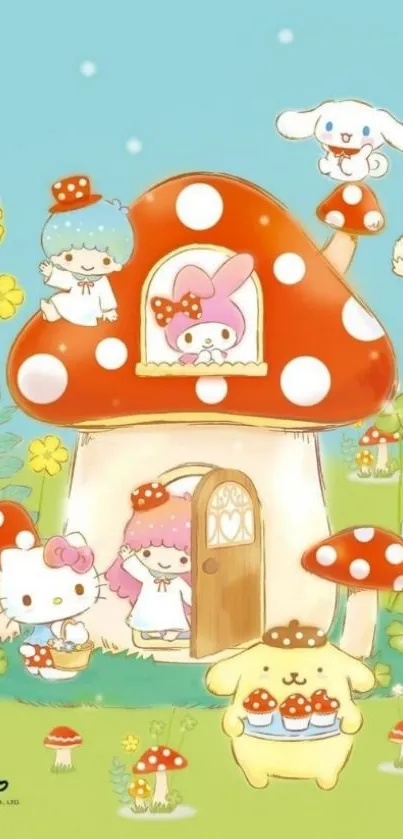 Cute cartoon mushroom house with characters and flowers.