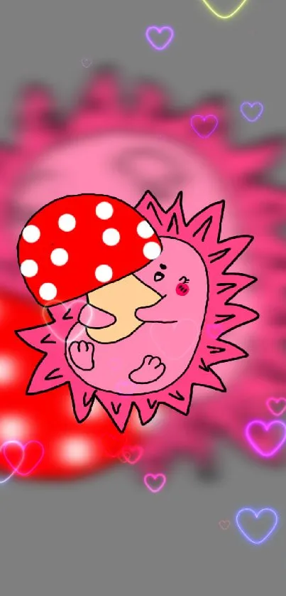 Cute pink cartoon mushroom with hearts wallpaper.