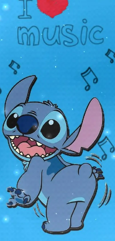 Cute cartoon character with music notes on blue background.